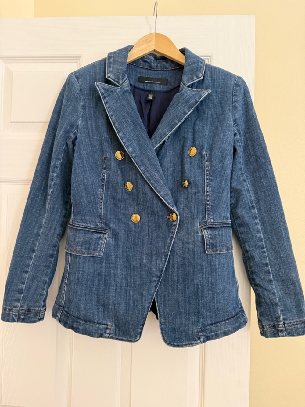 White House Black Market Double-Breasted Denim Blazer in Blue with Gold Buttons